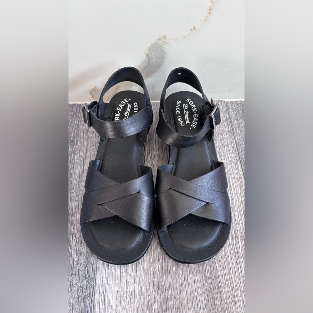 Kork-Ease Black Crisscross Leather Ankle Strap Sandals